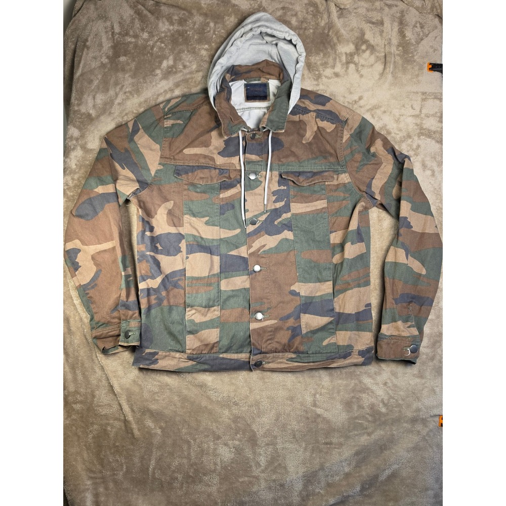 Nomad Mens Camo Canvas Trucker Jacket with Hood Woodland Camouflage Large